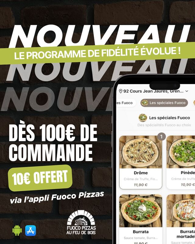 NOUVEAU ⚠️ Le programme de fidélité évolue ! 🤩

Dès 100€ de commande = 10€ offert via l'application Fuoco Pizzas. 🔥

Profitez de votre programme de fidélité sur Apple Store et Play Store. 📲

 #pizza #pizzaria #pizzaiolo #pizzatime #offre #fuocopizzas #offrerestaurant #grenoble #grenoblelife